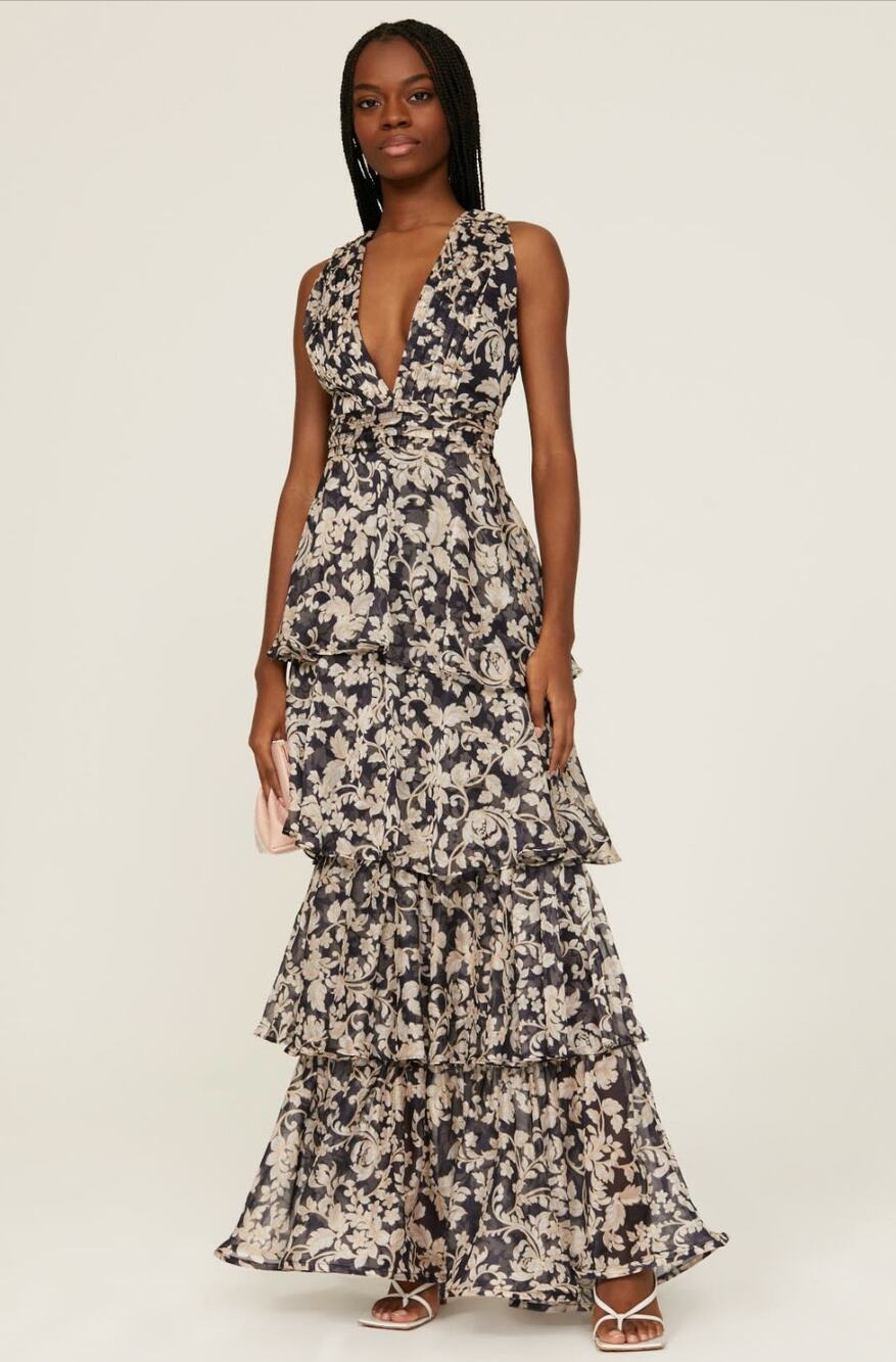 Especia Navy Cream Floral Tiered Ruffle Maxi Dress M Boho